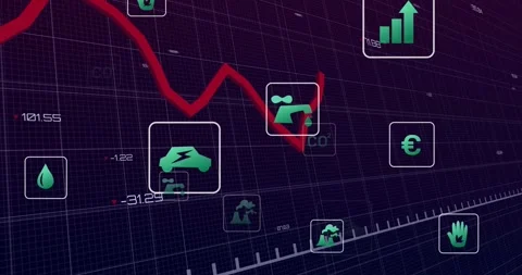 Red zigzag line starting left and moving right, framing CO2 and EV icons, Stock Footage 331063006