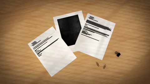 Redacted Documents on Wooden Desk 3D render animation Vídeo Stock 329620774