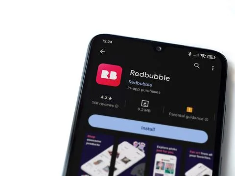 Redbubble app play store page on smartphone on white background Stock Photos