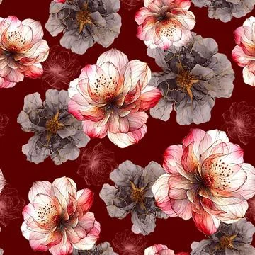 Red,Colored,Flowers,And,Leaves,Pattern 库存插图