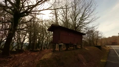 Reddish-brown granary on the roadside with trees behind it on a cloudy autumn Stock Footage 171271702