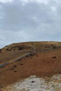 Reddish Brown Hill with Winding Path and Rope Fence in Iceland Stock Photos
