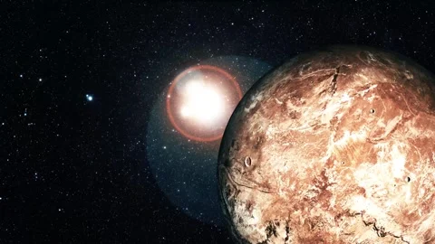 Reddish Rocky Planet in Starry Space, 3d Realistic Makemake Fictional Planet Stock Footage 315034145