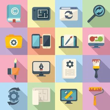 Redesign icons set flat vector. Artist brief Stock Illustration