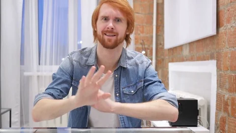 Redhead Beard Man, Disliking and Rejecting Offer Video stock 83880608
