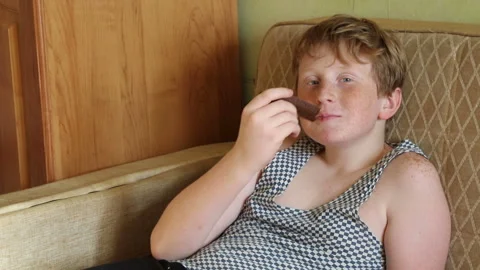 Redhead boy eats sandwich on a sofa Stock Footage 204160907