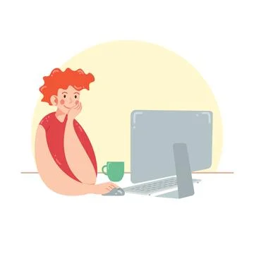 Redhead boy works at the computer Stock Illustration