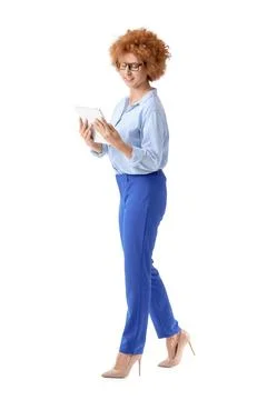 Redhead female freelancer working with tablet computer on white background 스톡 사진