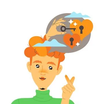 Redhead Man Character with Type of Thinking with Lock and Key as Mindset Model Illustrazione stock