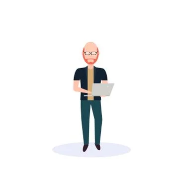 Redhead man using laptop standing pose isolated bald head faceless silhouette イラスト素材