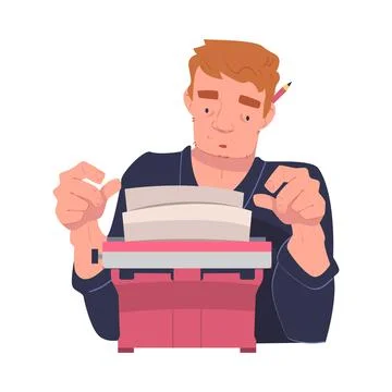 Redhead Man Writer Character at Typewriter Writing Book Engaged in Creative Illustrazione stock