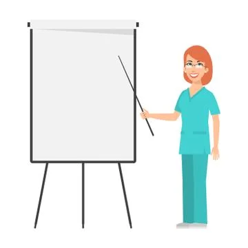 Redhead nurse points to flip chart Stock Illustration