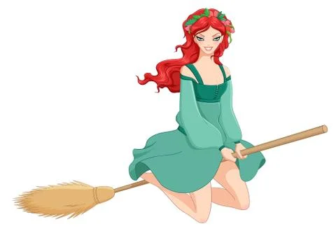 Redhead witch riding broom. Vector illustration. Stock Illustration