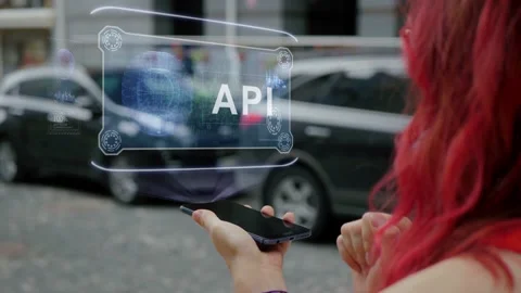 Redhead woman interacts HUD API Stock Footage 157435119