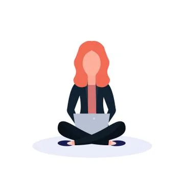 Redhead woman sitting pose using laptop isolated female faceless cartoon Stock Illustration