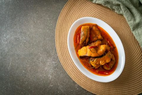 Redtail Catfish Fish in Dried Red Curry Sauce that called Choo Chee Stock Photos