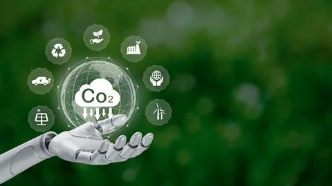 Reduce CO2 emission concept in the robotic hand with icons, global warming .. Stock Photos