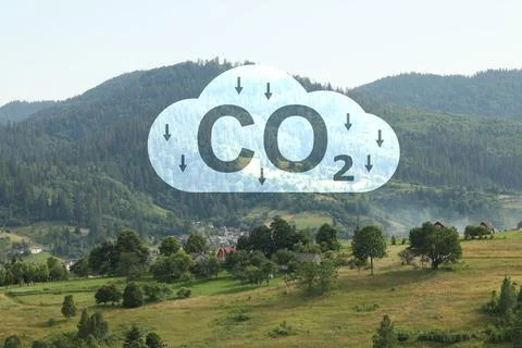 Reduce CO2 emissions. Illustration of cloud with CO2 inscription, arrows an.. Stock Photos