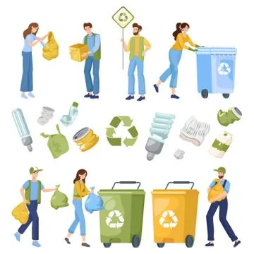 Reduce, reuse, and recycle objects. People put waste in containers, collect, and Stock Illustration