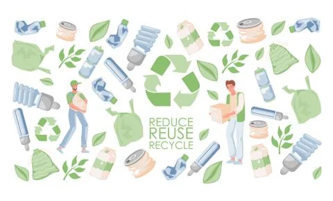Reduce, reuse, and recycle vector flat banner template. Men holding waste. Eco Stock Illustration