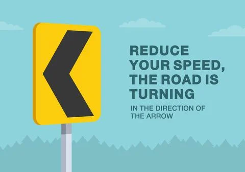 Reduce speed, the road is turning in the direction of the arrow. Close-up view. Stock Illustration