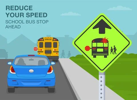 Reduce speed, school bus stop ahead. Back view of a yellow bus and traffic flow. Stock Illustration
