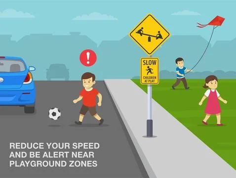 Reduce your speed and be alert near playground. Kids playing near city road. Stock Illustration