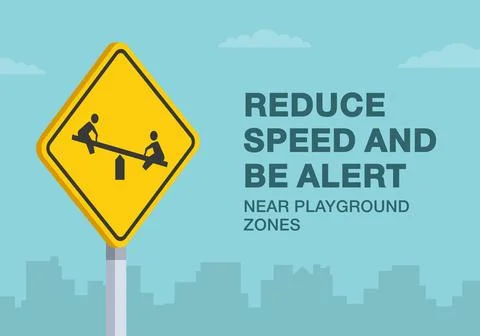 Reduce your speed and be alert near playground zones sign. Close-up view. Stock Illustration