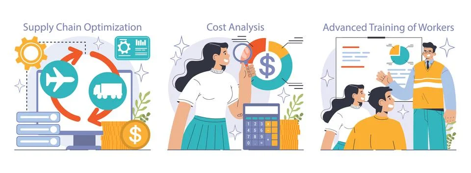 Reducing the cost of production set. Automatization and effective optimization Illustrazione stock