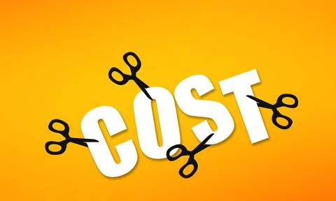 A reducing costs concept with scissors cuting away the cost word on a yellow  Stock Illustration