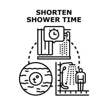 Reducing shower time concept for water saving Stock Illustration