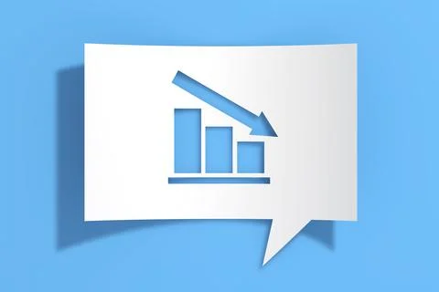 Reduction or Regress Graph Bars and Arrow Icon on Cutout White Paper Speech.. Stock Illustration