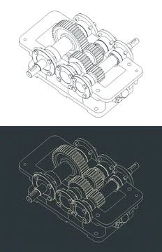 Reduction spur gearbox structure isometrivc drawings Stock Illustration
