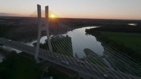 Rędzin Bridge pylon at sunset over the Oder River in Wrocław Stock Footage 346663517