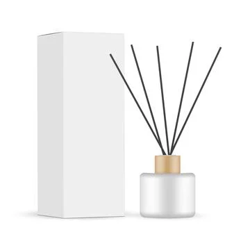 Reed Diffuser Bottle With Black Aroma Sticks, Paper Box Stock Illustration