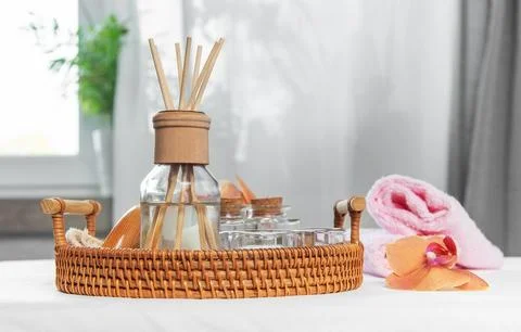 Reed diffuser creating aromatherapy atmosphere for relaxation Stock Photos