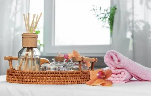 Reed diffuser creating aromatherapy atmosphere for relaxation Stock Photos