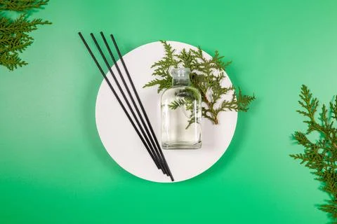 Reed diffuser sticks with natural essential oil and cypress branches Stock Photos