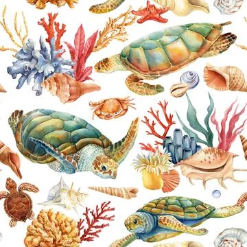 Reef, Cute seamless pattern turtles, crab, coral. Marine background. Watercolor Stock Illustration