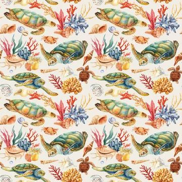 Reef, Cute seamless pattern turtles, shell, coral. Marine background. Watercolor Stock Illustration