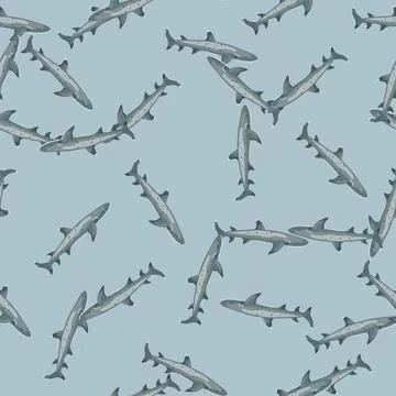 Reef shark seamless pattern in scandinavian style. Marine animals background. Stock Illustration