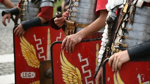 Reenactment detail with roman soldiers uniforms Stock Footage 89756853