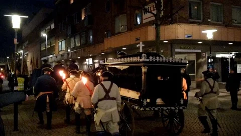 Reenactment Hearse Carrying King Charles XII, People Marching with Torches Stock Footage 101474269