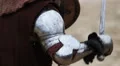 Reenactment of knight tournament, two opponents fighting, point of view HD Footage