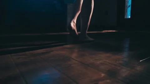 Reenactment: Point-of-view shot of a scared woman walks through the house to loc Stock Footage 235331043