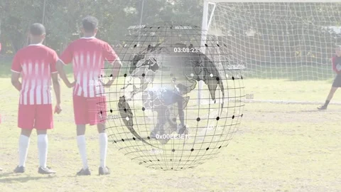 Ref gesturing, 4 soccer players forming wall blocking free kick, kicker running, Stock Footage 333351272
