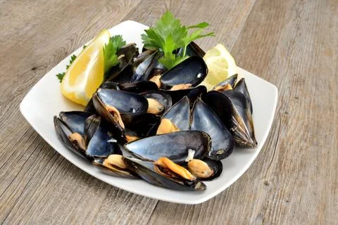 Ref mussels with lemon Stock Photos