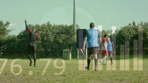 On ref raising arm, players shifting, sports analytics overlays collecting Stock Footage 333448681