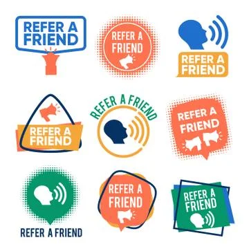 Refer a friends banners vector set. Referral program labels isolated on white Stockillustratie