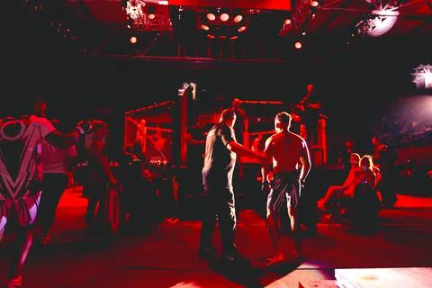 Referee is checking fighter before enters in ring, cage at MMA match Stock Photos